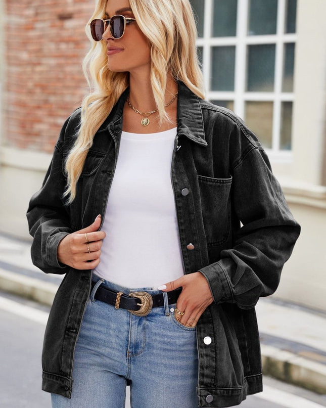 Button Up Denim Jacket with Pockets - Trendsi