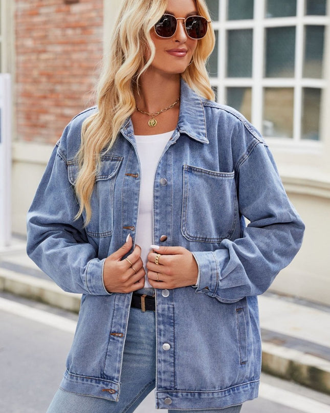 Button Up Denim Jacket with Pockets - Trendsi
