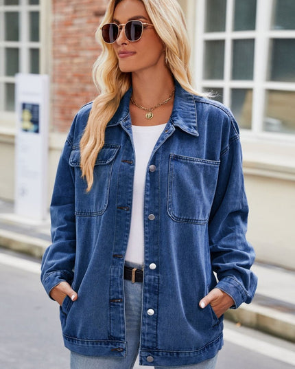 Button Up Denim Jacket with Pockets - Trendsi