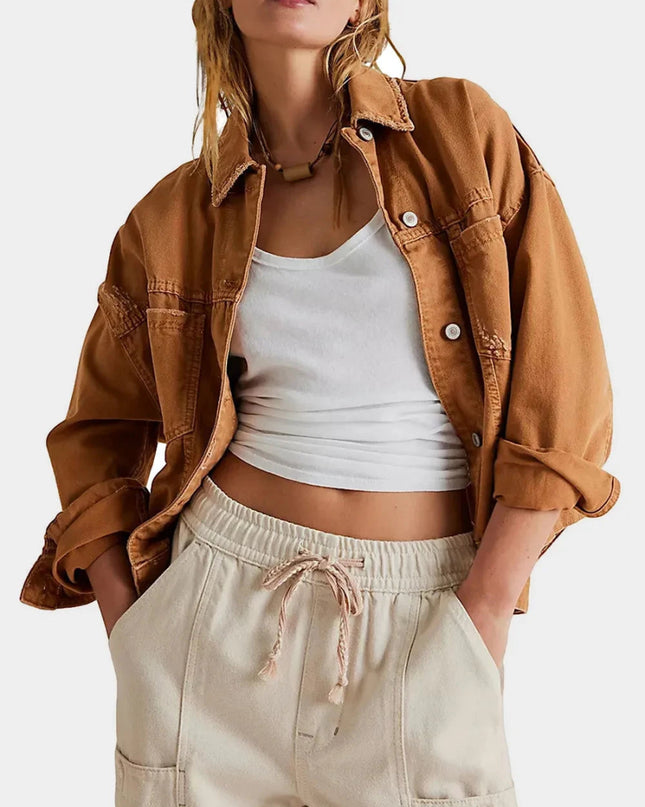 Button Up Drop Shoulder Denim Jacket - Trendsi