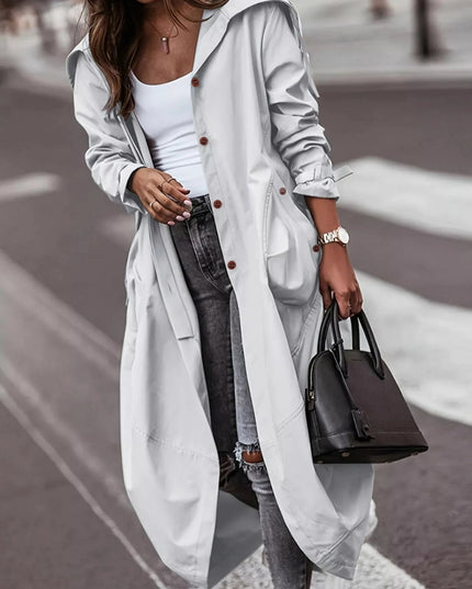Button Up Hooded Longline Trench Coat - Trendsi