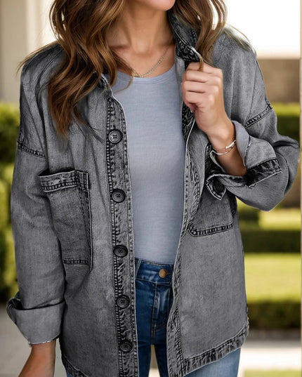 Button Up Long Sleeve Denim Jacket - Trendsi