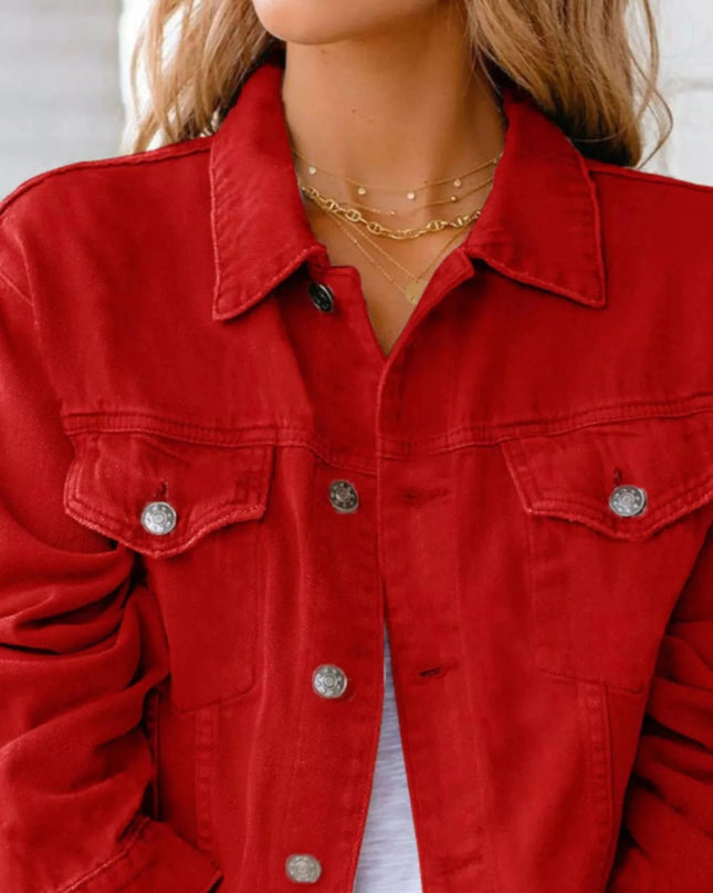 Button Up Long Sleeve Denim Jacket - Trendsi