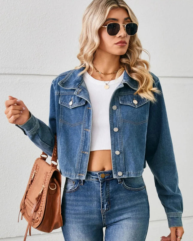 Button Up Long Sleeve Denim Jacket - Trendsi