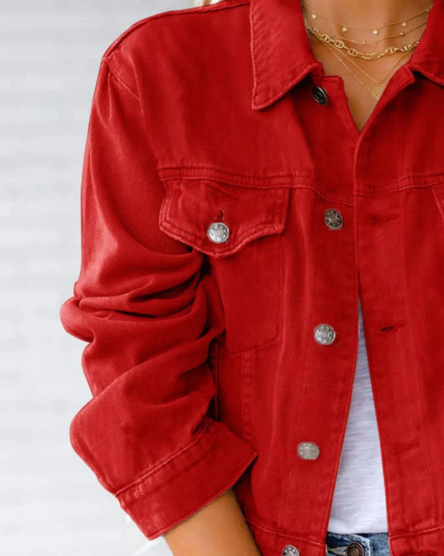 Button Up Long Sleeve Denim Jacket - Trendsi