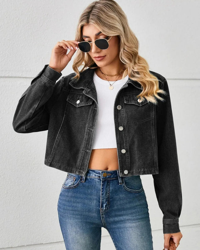 Button Up Long Sleeve Denim Jacket - Trendsi
