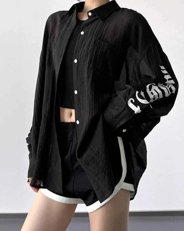 Button - Up Long Sleeve Oversized Shirt - Trendsi