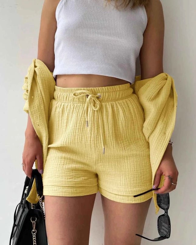 Button Up Shirt and Shorts Set - Trendsi