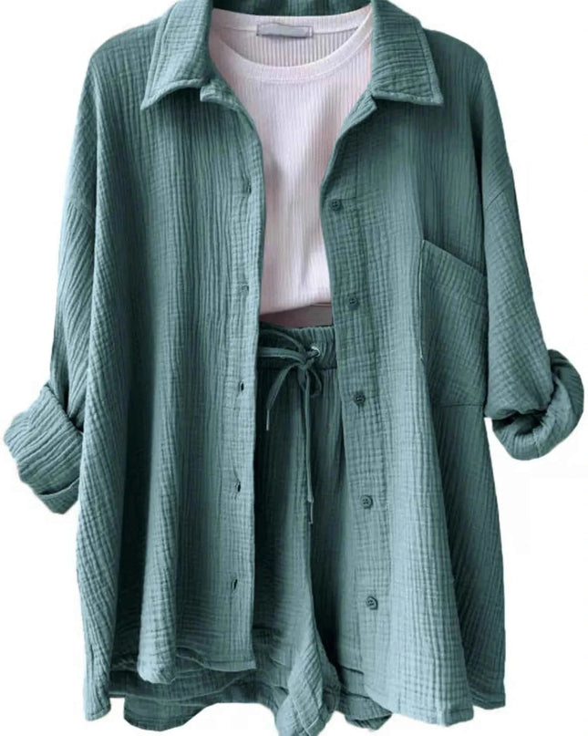 Button Up Shirt and Shorts Set - Trendsi