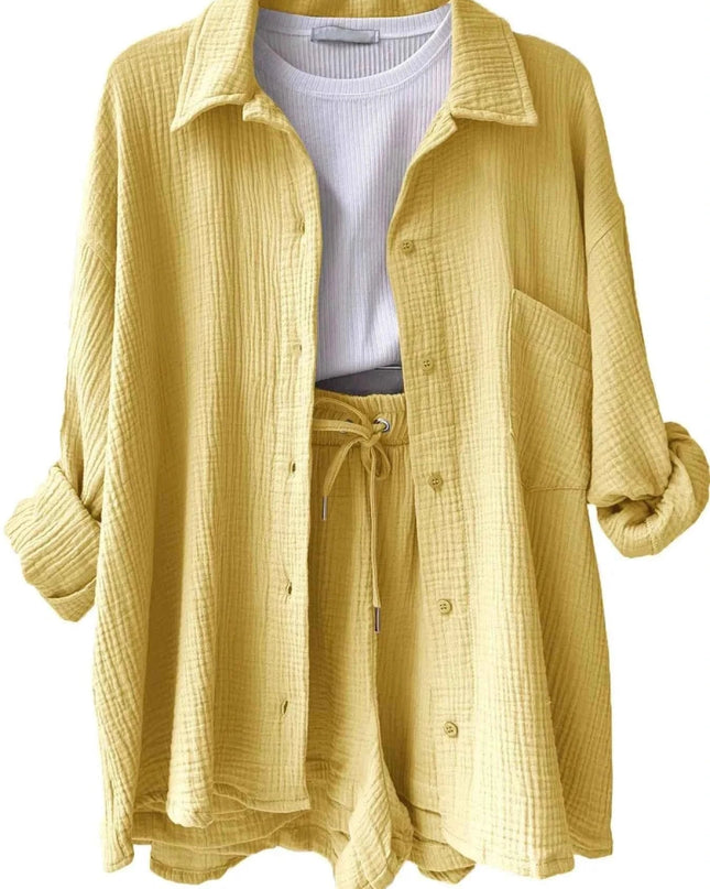 Button Up Shirt and Shorts Set - Trendsi