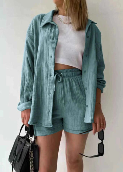 Button Up Shirt and Shorts Set - Trendsi
