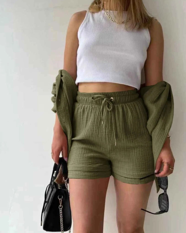 Button Up Shirt and Shorts Set - Trendsi