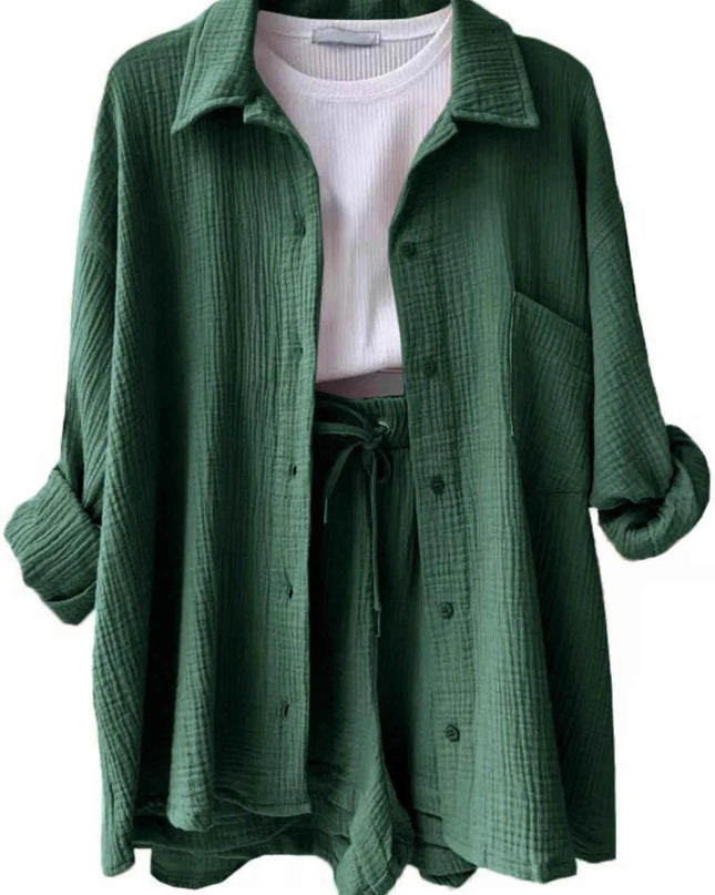 Button Up Shirt and Shorts Set - Trendsi