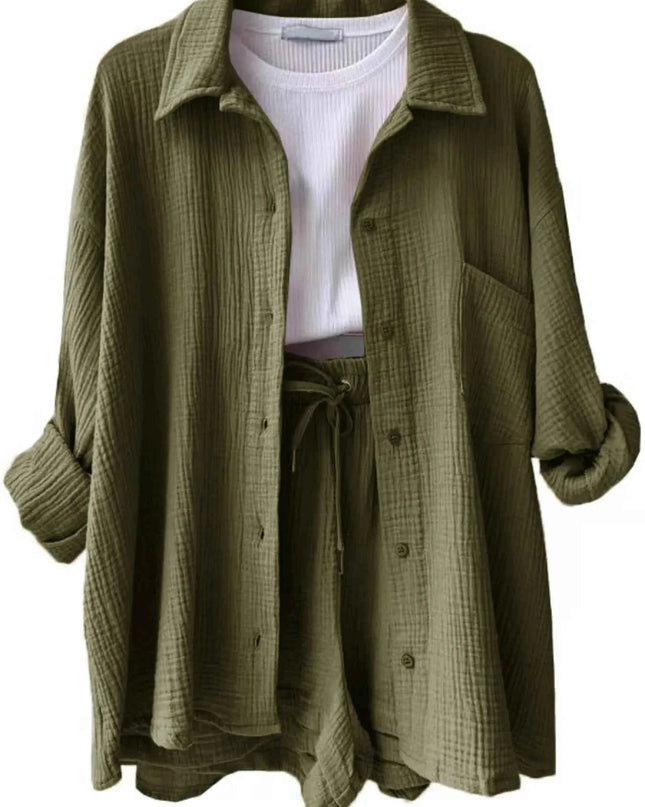 Button Up Shirt and Shorts Set - Trendsi