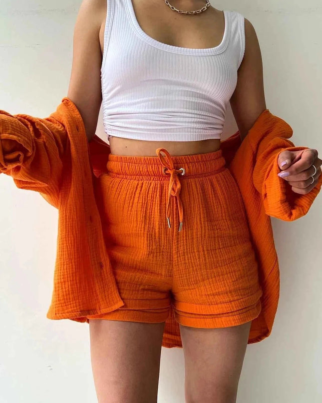 Button Up Shirt and Shorts Set - Trendsi