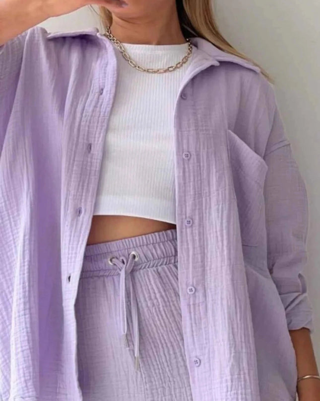 Button Up Shirt and Shorts Set - Trendsi