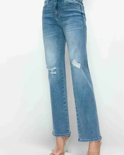 bytos Full Size Distressed High Rise Straight Jeans - Trendsi