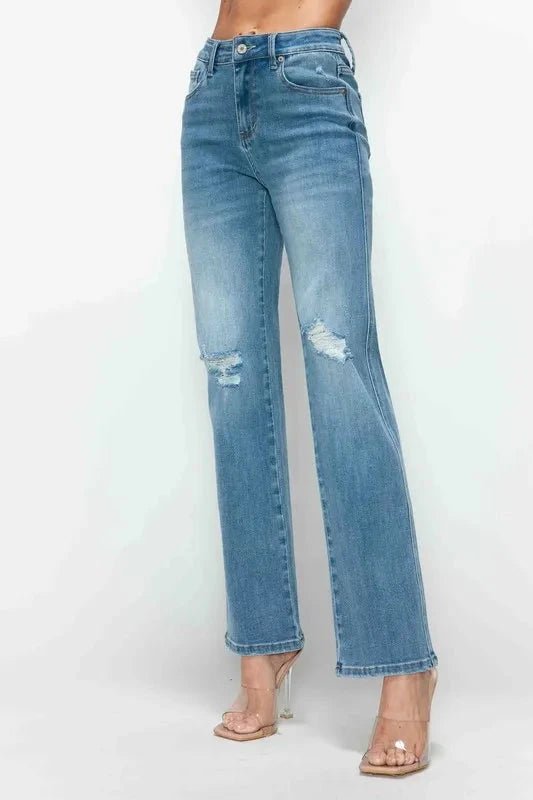 bytos Full Size Distressed High Rise Straight Jeans - Trendsi