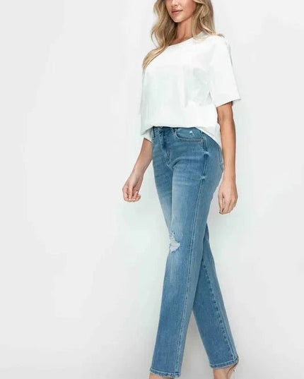 bytos Full Size Distressed High Rise Straight Jeans - Trendsi