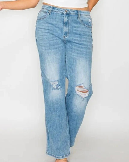 bytos Full Size Distressed High Rise Straight Jeans - Trendsi