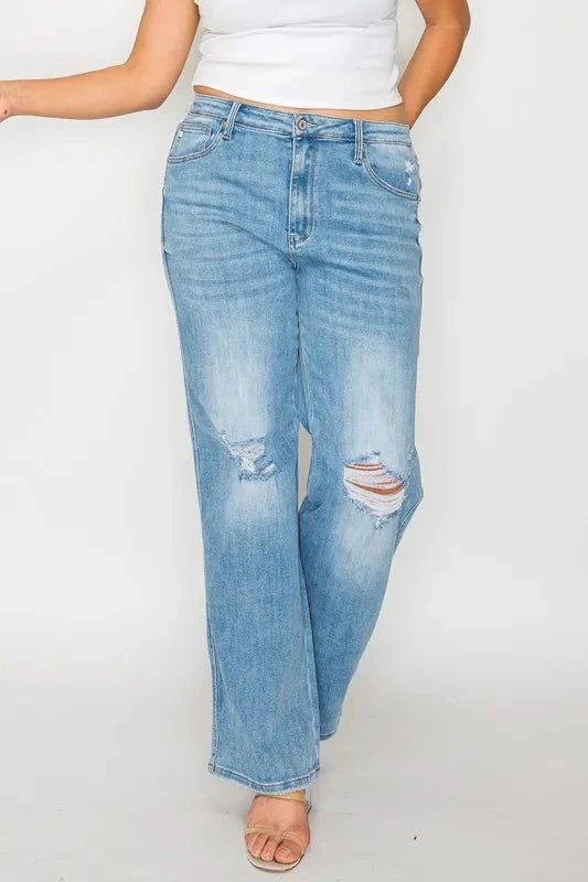 bytos Full Size Distressed High Rise Straight Jeans - Trendsi