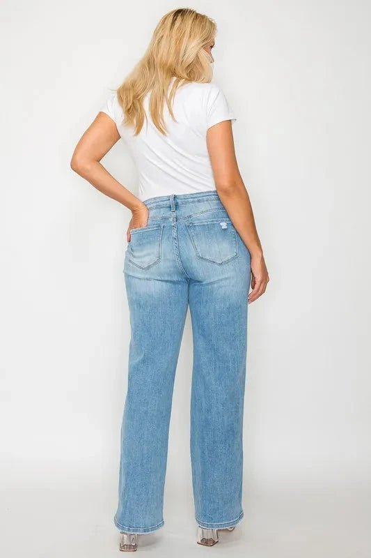 bytos Full Size Distressed High Rise Straight Jeans - Trendsi