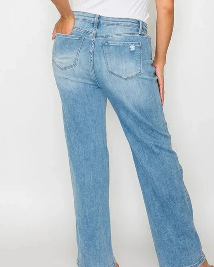 bytos Full Size Distressed High Rise Straight Jeans - Trendsi