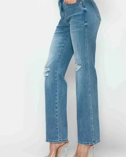 bytos Full Size Distressed High Rise Straight Jeans - Trendsi