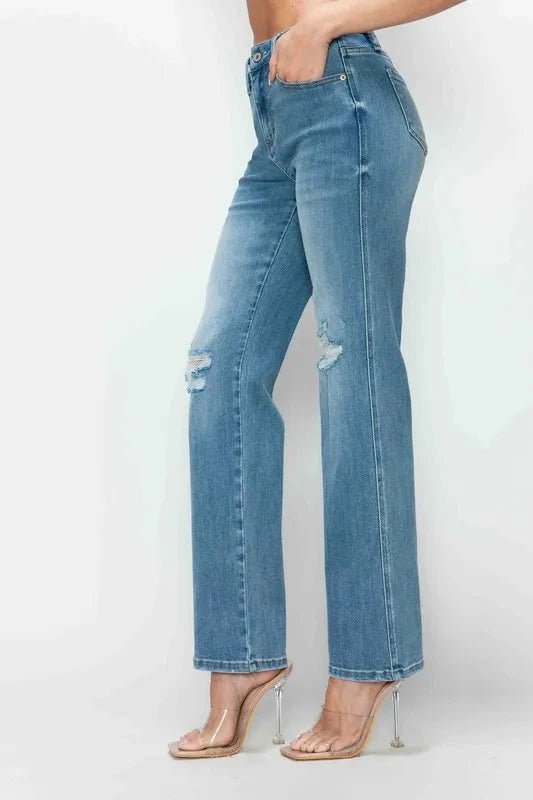bytos Full Size Distressed High Rise Straight Jeans - Trendsi