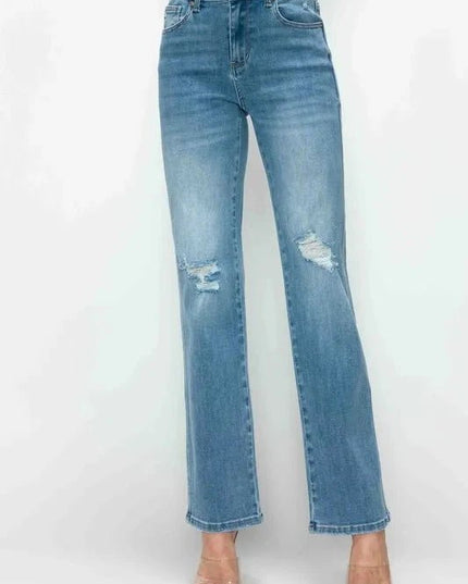 bytos Full Size Distressed High Rise Straight Jeans - Trendsi