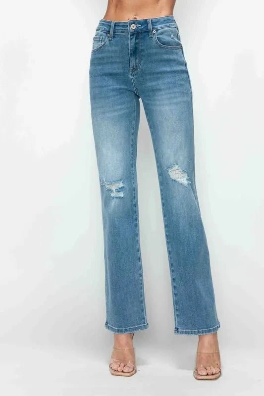 bytos Full Size Distressed High Rise Straight Jeans - Trendsi