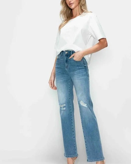 bytos Full Size Distressed High Rise Straight Jeans - Trendsi