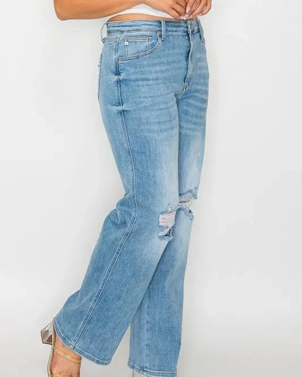 bytos Full Size Distressed High Rise Straight Jeans - Trendsi