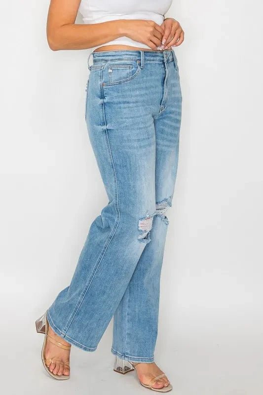 bytos Full Size Distressed High Rise Straight Jeans - Trendsi