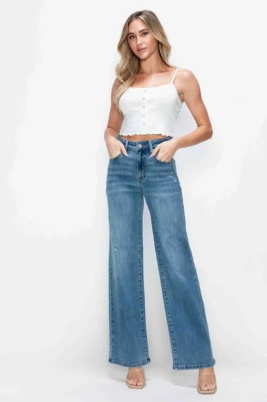 bytos Full Size High Rise Wide Leg Jeans with Pockets - Trendsi