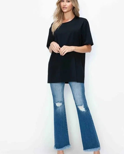 bytos Full Size Raw Hem Distressed High Rise Bootcut Jeans - Trendsi