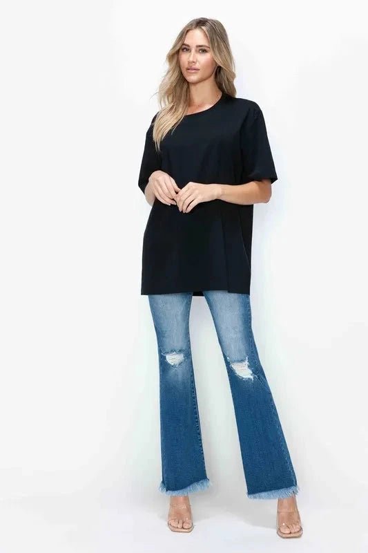 bytos Full Size Raw Hem Distressed High Rise Bootcut Jeans - Trendsi