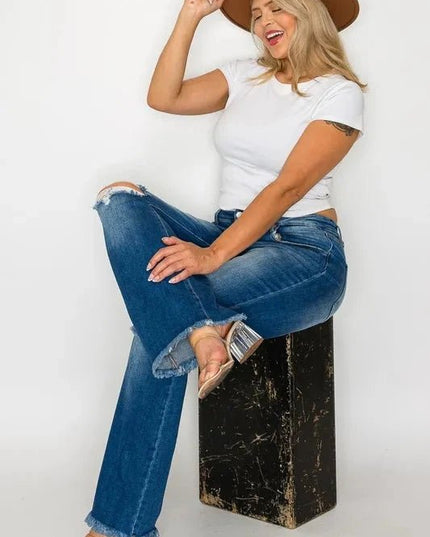 bytos Full Size Raw Hem Distressed High Rise Bootcut Jeans - Trendsi