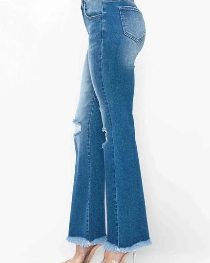 bytos Full Size Raw Hem Distressed High Rise Bootcut Jeans - Trendsi