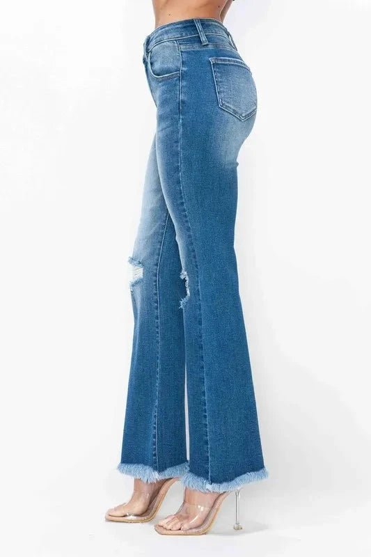 bytos Full Size Raw Hem Distressed High Rise Bootcut Jeans - Trendsi