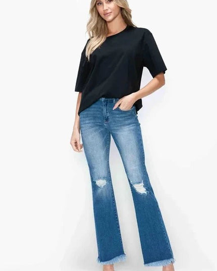 bytos Full Size Raw Hem Distressed High Rise Bootcut Jeans - Trendsi