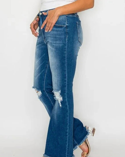 bytos Full Size Raw Hem Distressed High Rise Bootcut Jeans - Trendsi