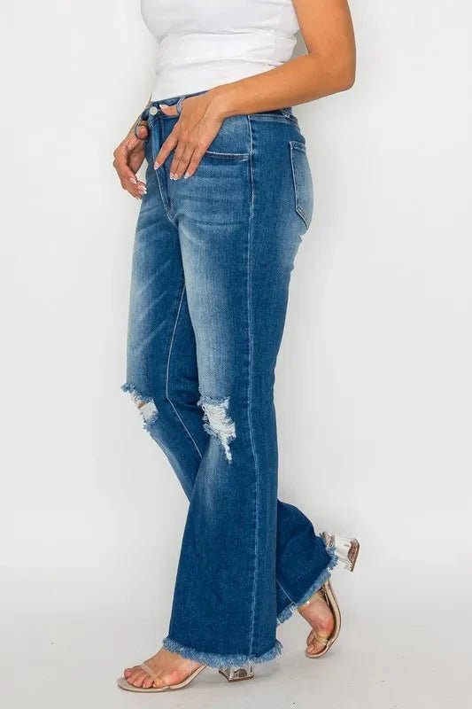 bytos Full Size Raw Hem Distressed High Rise Bootcut Jeans - Trendsi
