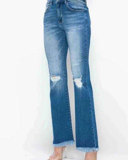 bytos Full Size Raw Hem Distressed High Rise Bootcut Jeans - Trendsi