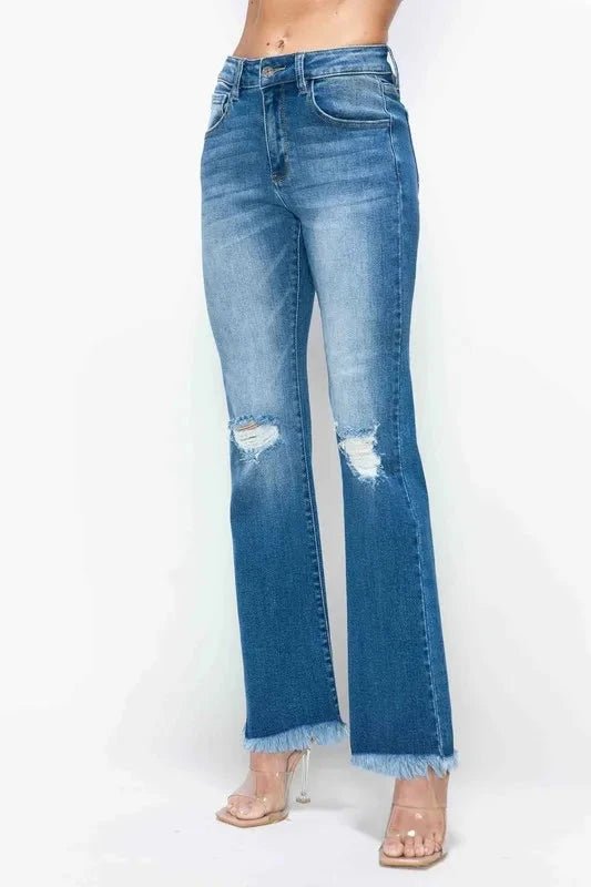 bytos Full Size Raw Hem Distressed High Rise Bootcut Jeans - Trendsi