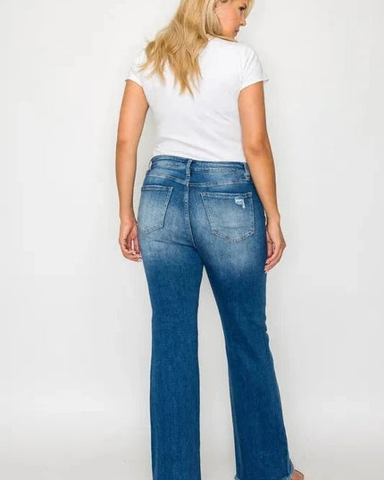 bytos Full Size Raw Hem Distressed High Rise Bootcut Jeans - Trendsi