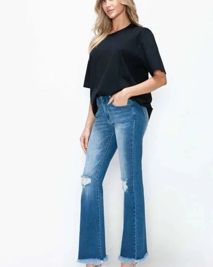 bytos Full Size Raw Hem Distressed High Rise Bootcut Jeans - Trendsi