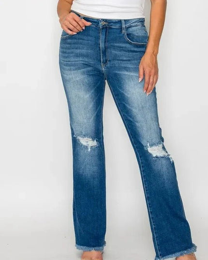 bytos Full Size Raw Hem Distressed High Rise Bootcut Jeans - Trendsi