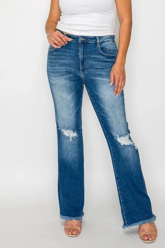 bytos Full Size Raw Hem Distressed High Rise Bootcut Jeans - Trendsi