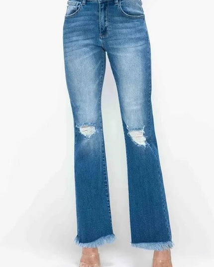 bytos Full Size Raw Hem Distressed High Rise Bootcut Jeans - Trendsi